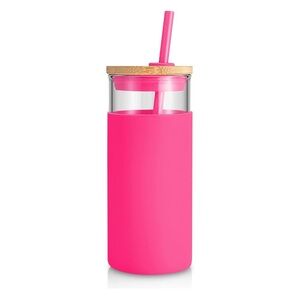 Tronco pink Glass Tumbler with bamboo lid n silicone sleeve with straw 20 oz